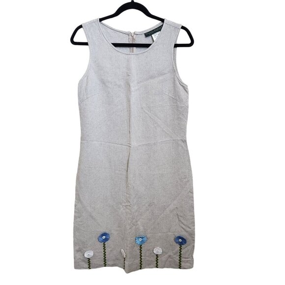 Harve Benard‎ Linen Dress Womens 8 Lagenlook Beige Floral Applique Sleeveless - Picture 1 of 13